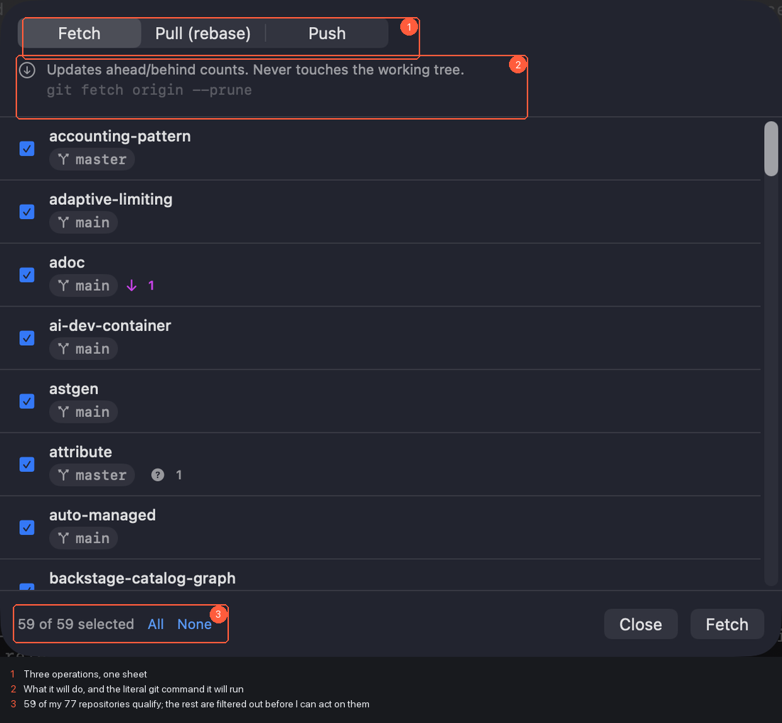 The bulk git operations sheet, showing which repositories qualify