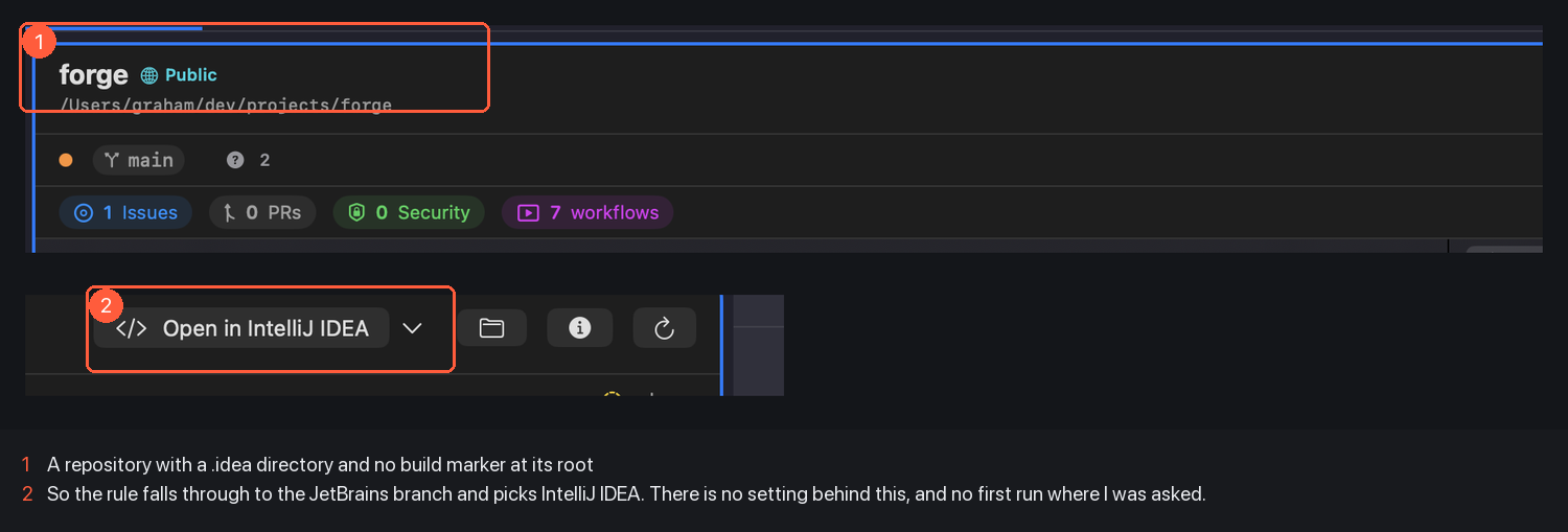 The forge repository’s tab header, and the Open button showing the inferred IDE